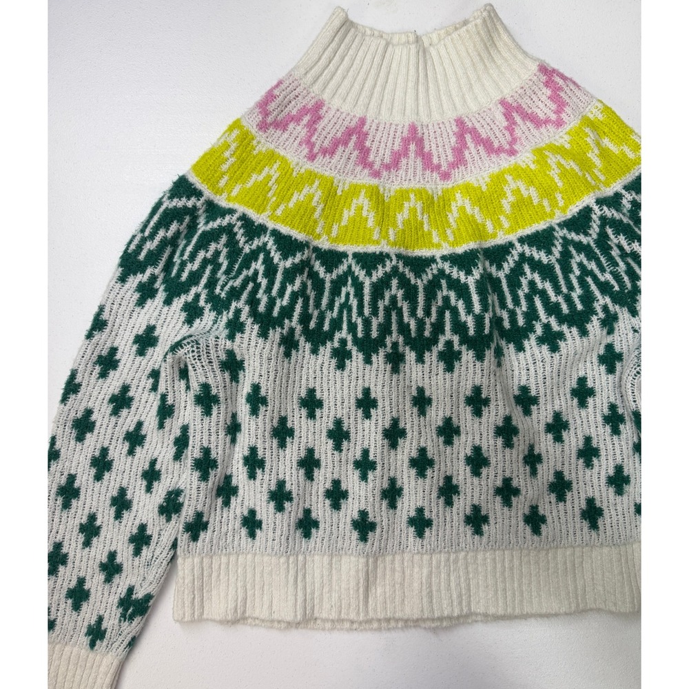 Old Navy Fair Isle Mock Neck Sweater Cream Green Pink Yellow Small